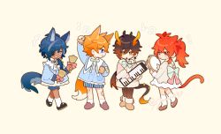 Rule 34 | 4boys, absurdres, aged down, animal ears, arm up, bell, black hair, blue eyes, blue hair, bow, brown hair, cat boy, cat ears, cat tail, child, closed mouth, dark-skinned male, dark skin, diluc (genshin impact), dragon horns, dragon tail, earrings, eyepatch, fox ears, fox tail, frills, from behind, genshin impact, hair between eyes, highres, holding, holding instrument, horns, instrument, jacket, jewelry, kaeya (genshin impact), keyboard (instrument), long hair, long sleeves, looking at another, looking at viewer, male focus, multicolored hair, multiple boys, musical note, notice lines, open mouth, orange hair, para049, ponytail, red eyes, red hair, ribbon, short hair, shorts, simple background, single earring, smile, tail, tambourine, tartaglia (genshin impact), tassel, tassel earrings, wolf ears, wolf tail, yellow eyes, zhongli (genshin impact)