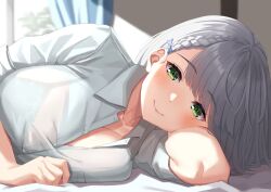 Rule 34 | 1girl, absurdres, blue bra, blush, bra, bra visible through clothes, braid, breasts, cleavage, closed mouth, collared shirt, dress shirt, flower, green eyes, grey hair, hair flower, hair ornament, highres, hololive, large breasts, looking at viewer, lying, on bed, on side, see-through, shirogane noel, shirt, short hair, smile, solo, starkamisan, underwear, virtual youtuber, x hair ornament