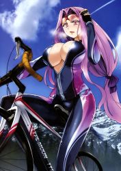 Rule 34 | 1girl, absurdres, adjusting eyewear, bicycle, black bodysuit, black gloves, blue sky, bodysuit, breasts, cleavage, cloud, colored eyelashes, day, eyewear on head, fate/stay night, fate (series), fingerless gloves, glasses, gloves, heavy breathing, highres, huge breasts, ishida akira, long hair, medusa (fate), medusa (rider) (fate), mountain, no bra, open mouth, parted bangs, purple bodysuit, purple eyes, purple hair, riding, scan, sidelocks, sky, solo, square pupils, sweat, type-moon, unzipped, very long hair
