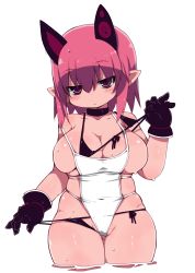 Rule 34 | 1girl, absurdres, bikini, bikini pull, black bikini, black choker, black gloves, blush, breasts, choker, closed mouth, clothes pull, cowboy shot, deathlock-san, gloves, gluteal fold, hair between eyes, hand up, headgear, highres, large breasts, looking at viewer, one-piece swimsuit, original, pink hair, pointy ears, pulling own clothes, short hair, side-tie bikini bottom, simple background, skindentation, solo, standing, swimsuit, thigh gap, wading, wet, white background, white one-piece swimsuit, zankuro