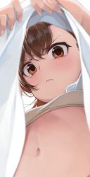 Rule 34 | 1girl, blush, bra, brown bra, brown eyes, brown hair, closed mouth, clothes lift, commentary request, flat chest, from below, highres, hiroki (yyqw7151), lifting own clothes, looking at viewer, looking down, misaka mikoto, navel, scowl, shirt lift, solo, toaru kagaku no railgun, toaru majutsu no index, underwear, upper body, upshirt, v-shaped eyebrows