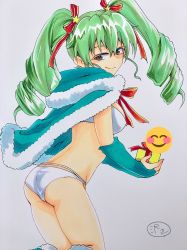 Rule 34 | 1girl, anchovy (girls und panzer), aqua cape, aqua gloves, artist name, ass, back, bikini, boots, bridal gauntlets, brown eyes, cape, christmas, closed mouth, commentary request, drill hair, elbow gloves, from side, fur-trimmed cape, fur trim, gift, girls und panzer, girls und panzer senshadou daisakusen!, gloves, green hair, hair ornament, hair ribbon, half-closed eyes, highres, holding, holding gift, hood, hood down, hooded cape, knee boots, leaning forward, long hair, looking at viewer, looking back, multi-strapped bikini, official alternate costume, red ribbon, ribbon, santa boots, sawamaru30, signature, smile, smiley face, solo, standing, star (symbol), star hair ornament, swimsuit, traditional media, twin drills, twintails, white bikini