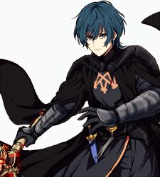 Rule 34 | 1boy, akasata, armor, black gloves, blue eyes, blue hair, byleth (fire emblem), byleth (male) (fire emblem), cape, dagger, fire emblem, fire emblem: three houses, gloves, heroes relic (fire emblem), highres, holding, holding weapon, knife, looking at viewer, nintendo, portrait, sheath, sheathed, short hair, simple background, solo, sword, sword of the creator, weapon, white background
