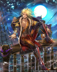 Rule 34 | 10s, 1boy, abs, blonde hair, boatswain arman, boots, cardfight!! vanguard, company name, dark skin, dark-skinned male, drink, full body, ghost, jacket, jacket on shoulders, jewelry, long hair, male focus, moon, moreshan, nail polish, night, night sky, official art, pointy ears, red eyes, ring, topless male, sitting, sky, solo, sparkle