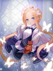 Rule 34 | 1girl, :o, abigail williams (fate), abigail williams (festival outfit) (fate), black dress, blonde hair, blue eyes, blush, braid, breasts, bug, butterfly, butterfly hair ornament, collared dress, curtains, dress, fate/grand order, fate (series), forehead, fuyouchu, hair ornament, heroic spirit chaldea park outfit, indoors, insect, keyhole, long hair, long sleeves, official alternate costume, parted bangs, parted lips, shirt, sidelocks, sleeves past fingers, sleeves past wrists, small breasts, solo, stuffed animal, stuffed toy, teddy bear, transparent, very long hair, white shirt, window