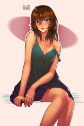 Rule 34 | 1girl, absurdres, ahoge, blue eyes, blush, breasts, brooke (mleth), brown hair, cleavage, collaboration, collarbone, colorized, commentary, dress, english commentary, freckles, full-length zipper, green dress, hair between eyes, highres, legs together, light smile, lips, long hair, looking at viewer, mleth, nail polish, original, sitting, small breasts, solo, strap slip, thick eyebrows, zipper