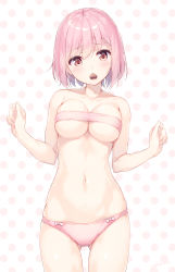 Rule 34 | 1girl, bare arms, bare shoulders, blush, breasts, candy, chocolate, chocolate heart, cleavage, collarbone, commentary request, cowboy shot, food, gluteal fold, groin, head tilt, heart, highres, looking at viewer, medium breasts, mouth hold, navel, nijihashi sora, original, panties, pink eyes, pink hair, pink panties, polka dot, polka dot background, short hair, solo, standing, stomach, underwear, valentine, white background