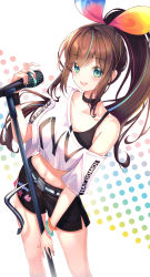 Rule 34 | 1girl, :d, belt, black shorts, blue eyes, blush, bracelet, brown hair, choker, collarbone, contrapposto, floating hair, hair between eyes, highres, jewelry, kizuna ai, kizuna ai inc., leaning to the side, long hair, microphone stand, midriff, navel, off-shoulder shirt, off shoulder, open mouth, paya (aejx2345), ponytail, print shirt, shirt, short shorts, shorts, smile, solo, standing, stomach, very long hair, virtual youtuber, white background, white shirt
