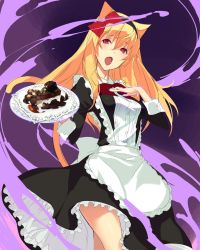 Rule 34 | 1girl, animal ears, apron, bad id, bad twitter id, blonde hair, character request, chocolate, falkyrie no monshou, hairband, highres, kagetomo midori, maid apron, red eyes, ribbon, solo