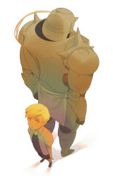 Rule 34 | 2boys, alphonse elric, ankle boots, armor, arms at sides, back-to-back, backlighting, black shorts, blank eyes, blonde hair, boots, brown footwear, child, collared shirt, commentary, dress shirt, dual persona, elbow spikes, english commentary, expressionless, fisheye, from above, full armor, full body, fullmetal alchemist, gauntlets, grey shirt, helmet, highres, legs apart, loincloth, looking at viewer, looking up, male focus, multiple boys, parted lips, perspective, shadow, shirt, shoes, short sleeves, shorts, shoulder spikes, simple background, size difference, spiked helmet, spikes, standing, swept bangs, tsurime, undershirt, vanishing point, white background, white shirt, yellow eyes, zoruanna