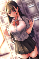 Rule 34 | 1girl, black hair, black skirt, black thighhighs, blush, bra visible through clothes, breasts, collared shirt, commentary request, funky45, getabako, highres, large breasts, lips, locker, long hair, looking at viewer, original, pleated skirt, purple eyes, red eyes, school uniform, shirt, short sleeves, sidelocks, skirt, smile, solo, standing, strap pull, thighhighs, white shirt