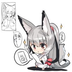 Rule 34 | 2girls, :d, ^ ^, absurdly long hair, animal ear fluff, animal ears, barefoot, bow, breasts, chibi, closed eyes, commentary request, fox ears, fox girl, fox tail, hair between eyes, highres, holding, japanese clothes, kimono, long hair, long sleeves, medium breasts, multiple girls, obi, onsen symbol, open mouth, original, parted lips, patch, ponytail, red bow, red eyes, sash, shadow, silver hair, smile, sparkle, tail, translation request, very long hair, white background, white kimono, wide sleeves, yuuji (yukimimi)