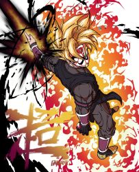 Rule 34 | 1boy, armband, artist name, aura, bakarott, black gloves, blade, blonde hair, bracer, broken mask, commentary, dougi, dragon ball, dragon ball heroes, energy sword, from above, gloves, goku black, green eyes, highres, long sleeves, looking back, male focus, mask, outstretched arm, simple background, single glove, solo, spiked hair, super saiyan, sword, time breaker mask, weapon, white background