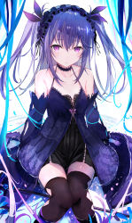 Rule 34 | 1girl, absurdres, arms at sides, bare shoulders, black thighhighs, blue dress, blue ribbon, blush, choker, collarbone, cross-laced clothes, detached sleeves, dress, feet out of frame, frilled choker, frilled hairband, frills, hair between eyes, hairband, highres, lace, lace trim, long sleeves, looking at viewer, original, parted lips, purple eyes, purple hair, ribbon, sidelocks, sitting, solo, tatsukisan, thighhighs, two side up, very long sleeves, wide sleeves