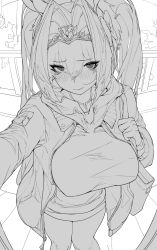 Rule 34 | 1girl, animal ears, bag, blush, bow, breasts, chinese commentary, daiwa scarlet (umamusume), doorway, fang, fisheye, greyscale, hair between eyes, hair bow, hair intakes, highres, holding, holding bag, hood, hoodie, horse ears, horse girl, jacket, knees together feet apart, large breasts, long hair, looking at viewer, monochrome, open clothes, open jacket, outstretched arm, pov doorway, shoulder bag, sketch, skin fang, slit pupils, solo, standing, tiara, twintails, umamusume, very long hair, xiaoluo xl