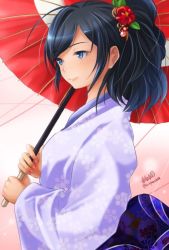 Rule 34 | 10s, 1girl, artist name, black eyes, black hair, closed mouth, floral print, flower, formal, from side, girls und panzer, hair flower, hair ornament, hair up, haruhata mutsuki, holding, holding umbrella, isuzu hana, japanese clothes, kimono, light smile, long hair, looking to the side, oil-paper umbrella, ponytail, signature, solo, standing, swept bangs, twitter username, umbrella, upper body, white kimono
