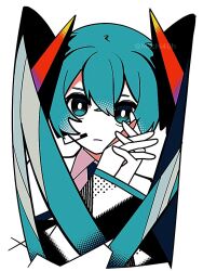 Rule 34 | 1girl, aqua eyes, aqua hair, bright pupils, closed mouth, collared shirt, colored skin, detached sleeves, hair between eyes, hair ornament, halftone, hands up, hatsune miku, headset, interlocked fingers, long hair, long sleeves, looking at viewer, machigami yoh, no nose, own hands together, shirt, simple background, solo, twintails, twitter username, upper body, vocaloid, watermark, white background, white pupils, white skin
