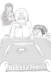 Rule 34 | 2girls, 4others, board game, breasts, cigarette, greyscale, highres, large breasts, mahjong, mo (kireinamo), monochrome, multiple girls, multiple others, naruto, naruto (series), nipples, nude, pig, shizune (naruto), strip game, tonton (naruto), tsunade (naruto), twitter, wet, white background