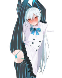 Rule 34 | 1girl, beijuu, blue panties, blush, bow, closed mouth, crotch cutout, dress, frilled dress, frills, girls&#039; frontline, hair between eyes, hair bow, long hair, looking at viewer, panties, puffy short sleeves, puffy sleeves, red eyes, short sleeves, silver hair, smile, solo, split, standing, standing on one leg, standing split, tokarev (girls&#039; frontline), underwear, white dress