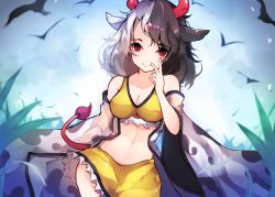 Rule 34 | 1girl, animal ears, animal print, bare shoulders, bird, black hair, blush, breasts, chiroru (cheese-roll), cleavage, commentary, cow ears, cow horns, cow print, cow tail, cowboy shot, crop top, flock, grass, hand up, haori, highres, horns, japanese clothes, long sleeves, looking at viewer, medium breasts, miniskirt, multicolored hair, off shoulder, petticoat, red eyes, silver hair, skirt, smile, solo, split-color hair, standing, stomach, tail, touhou, ushizaki urumi, v, wide sleeves, wily beast and weakest creature, yellow skirt