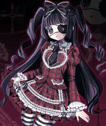 1girl blunt_bangs bow cross eyepatch frilled_skirt frills goth_fashion gothic_lolita hair_bow highres lace lace-trimmed_skirt lace_trim lolita_fashion long_hair necktie original plaid_clothes plaid_skirt ringlets skirt twintails yuni_(s_ribbon)