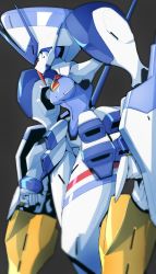 Rule 34 | 10s, absurdres, blue eyes, closed mouth, commentary, darling in the franxx, delphinium (darling in the franxx), dual wielding, highres, holding, humanoid robot, mecha, no humans, park bandi, polearm, robot, simple background, solo, weapon