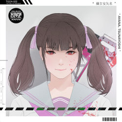 Rule 34 | 1girl, absurdres, barcode, blood, blood on clothes, blood on face, brown eyes, brown hair, character name, closed mouth, english text, grey background, grey sailor collar, highres, looking at viewer, medium hair, park junkyu, portrait, sailor collar, solo, the girls of armament, twintails