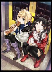 Rule 34 | 2girls, ahoge, alternate costume, artoria pendragon (all), artoria pendragon (fate), bad id, bad pixiv id, black legwear, blonde hair, blue scarf, coat, coffee cup, cup, disposable cup, drink, fate/stay night, fate (series), food, hair ribbon, kyo zip, looking up, md5 mismatch, multiple girls, pantyhose, resolution mismatch, ribbon, saber (fate), sandwich, scarf, sitting, skirt, source smaller, submarine sandwich, thighhighs, tohsaka rin, two side up, white scarf, winter clothes, zettai ryouiki