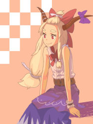 Rule 34 | 1girl, alternate hairstyle, bad id, bad pixiv id, blonde hair, bow, eyebrows, forehead, horn ornament, horn ribbon, horns, ibuki suika, long hair, low-tied long hair, p no hito, red eyes, ribbon, sitting, skirt, sleeveless, smile, solo, thick eyebrows, topknot, touhou, wrist cuffs