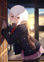 Rule 34 | 1girl, black jacket, black thighhighs, blurry, blurry background, blush, bow, bowtie, cloud, cloudy sky, embarrassed, enpera, hair ornament, hairclip, highres, igayan, jacket, long sleeves, medium hair, miniskirt, open clothes, open jacket, original, pink skirt, plaid, plaid scarf, pleated skirt, red bow, red bowtie, scarf, school uniform, getabako, skirt, sky, solo, thighhighs, valentine, white hair, yellow eyes