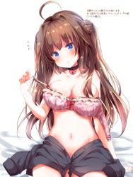 Rule 34 | 1girl, ahoge, bad id, bad pixiv id, blue eyes, bra, breasts, brown hair, choker, cleavage, kantai collection, kongou (kancolle), large breasts, navel, no pants, no shirt, off shoulder, open bra, pink bra, sakura romu, solo, star (symbol), strap pull, translation request, underwear, unfastened