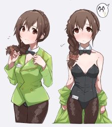 Rule 34 | absurdres, animal ears, bare shoulders, blush, breasts, cleaver, commentary request, detached collar, fake animal ears, highres, id card, idolmaster, idolmaster cinderella girls, leotard, multiple views, pantyhose, playboy bunny, rabbit ears, senkawa chihiro, simple background, travel attendant, woshinon