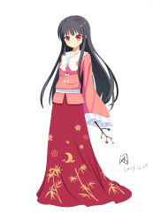 Rule 34 | 1girl, absurdres, bamboo, black hair, blush, branch, breasts, crescent, crescent moon, dated, floral print, full body, highres, hime cut, houraisan kaguya, japanese clothes, jeweled branch of hourai, kimono, long hair, long skirt, long sleeves, looking at viewer, moon, red eyes, signature, simple background, skirt, small breasts, smile, solo, standing, touhou, very long hair, white background, xiansan ren ye