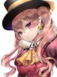Rule 34 | 1girl, ascot, black hat, breasts, closed mouth, dolce (rune factory), earrings, eyes visible through hair, fur collar, hat, highres, jewelry, juliet sleeves, long sleeves, medium breasts, pink eyes, pink hair, pointy ears, puchiman, puffy sleeves, ringed eyes, rune factory, rune factory 4, simple background, skull, solo, top hat, twintails, upper body, white background, yellow ascot