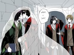 Rule 34 | 4boys, ?, black hair, black robe, book, brown hair, cloak, closed mouth, collar, collarbone, english text, eyebrows, green necktie, gryffindor, hair between eyes, hand on another&#039;s chin, hand on another&#039;s face, harry potter (series), hogwarts school uniform, holding, holding book, hood, indoors, invisibility cloak, invisible, james potter, kiss, looking at another, male focus, medium hair, multiple boys, necktie, open mouth, pixiv id 501581, red necktie, remus lupin, robe, school uniform, see-through, severus snape, shirt, short hair, sirius black, slytherin, speech bubble, standing, stone wall, uniform, wall, white shirt, wing collar, wizarding world, yaoi