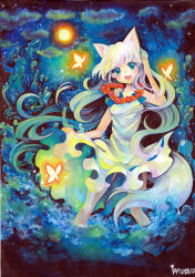 Rule 34 | 1girl, animal ears, bug, butterfly, clothes lift, cloud, colored pencil (medium), dress, dress lift, flower, flower necklace, fox ears, fox tail, full moon, insect, jewelry, long hair, marker (medium), moon, mosho, necklace, original, painting (medium), signature, sky, solo, tail, traditional media, watercolor (medium), wolf ears, wolf tail