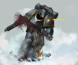 Rule 34 | absurdres, adeptus astartes, armor, battle, battle damage, blood, bolter, chainsword, dual wielding, gun, highres, holding, holding gun, holding sword, holding weapon, mad mark, power armor, snow, space wolves, sword, warhammer 40k, weapon