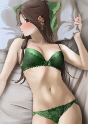 Rule 34 | 1girl, absurdres, bed, bow, bra, breasts, brown hair, commission, cowboy shot, green bow, green bra, green panties, hair bow, half updo, highres, jintsuu (kancolle), kantai collection, long hair, lying, medium breasts, navel, panties, pillow, pixiv commission, solo, tama (tamago), underwear, underwear only
