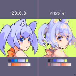 Rule 34 | 1girl, 2018, 2022, :o, animal ear fluff, animal ears, artist progress, blue eyes, blue hair, bow, cat ears, color guide, floating hair, from side, green background, highres, kayoluha, open mouth, orange bow, original, pixel art, twintails