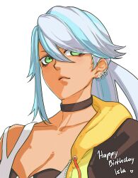 Rule 34 | 1girl, absurdres, black choker, blue hair, breasts, character name, choker, cleavage, closed mouth, collarbone, commentary, dark-skinned female, dark skin, dated commentary, drawstring, earrings, english commentary, green eyes, grey hair, hair between eyes, happy birthday, heart, highres, hood, hood down, hoodie, isla (kof), jewelry, ktovhinao, light blue hair, long hair, looking at viewer, medium breasts, multicolored hair, ponytail, simple background, solo, the king of fighters, the king of fighters xv, two-tone hair, white background, zipper