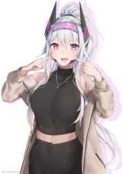 Rule 34 | 1girl, bare shoulders, breasts, commission, commissioner upload, guinevere (soccer spirits), jewelry, large breasts, long hair, looking at viewer, magenta eyes, necklace, open mouth, ponytail, purple eyes, smile, soccer spirits, solo, white background, white hair