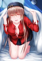 Rule 34 | 1girl, black skirt, blanket, blush, breasts, brown hair, cleavage, fur hat, hair between eyes, hair ornament, hairclip, hat, highres, kantai collection, large breasts, long hair, long sleeves, looking at viewer, miniskirt, moonlight, open mouth, papakha, red eyes, red shirt, sabakuomoto, shirt, skirt, smile, solo, star (symbol), tashkent (kancolle), under covers, watch