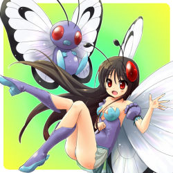 Rule 34 | 1990s (style), 1girl, antennae, bare shoulders, black hair, blush, boots, breasts, brown hair, butterfly wings, butterfree, cleavage, creatures (company), dress, dual persona, fangs, flat chest, game freak, gen 1 pokemon, hair ornament, insect wings, knee boots, long hair, moemon, nintendo, open mouth, panties, personification, pokemon, pokemon (creature), pokemon rgby, red eyes, retro artstyle, simple background, sitting, smile, solo, tenjou ryuka, underwear, waving, wings