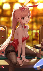 Rule 34 | 1girl, animal ears, arisugawa natsuha, bare shoulders, black pantyhose, bow, bowtie, breasts, brown eyes, casino, cleavage, detached collar, fake animal ears, fishnet pantyhose, fishnets, highres, idolmaster, idolmaster shiny colors, indoors, leotard, long hair, looking at viewer, mansu (user pnmp4287), medium breasts, open mouth, pantyhose, pink hair, playboy bunny, ponytail, rabbit ears, rabbit tail, red bow, red bowtie, sitting, smile, solo, tail, wrist cuffs