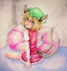 Rule 34 | 1girl, animal ears, bean bag, bean bag chair, brown hair, cat ears, cat tail, chen, chestnut mouth, corner, floor, from behind, frown, hat, highres, long sleeves, looking at viewer, looking back, mob cap, multiple tails, nekomata, on floor, open mouth, painting (medium), sitting, solo, tail, touhou, traditional media, two tails, wall, watercolor (medium), yellow eyes, yuyu (00365676)