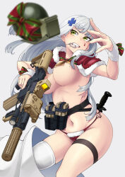 Rule 34 | 1girl, alternate costume, ammunition pouch, assault rifle, blush, breasts, christmas, covered erect nipples, cowboy shot, cross hair ornament, explosive, fragmentation grenade, girls&#039; frontline, green eyes, grenade, grenade pin in mouth, grey hair, gun, h&amp;k hk416, hair ornament, hand grenade, highres, hk416 (girls&#039; frontline), holding, holding gun, holding weapon, knife, large breasts, long hair, m67, magazine (weapon), mouth hold, nakiusagi, navel, panties, pouch, rifle, scope, single thighhigh, solo, string panties, suppressor, teardrop facial mark, teardrop tattoo, thigh strap, thighhighs, trigger discipline, underwear, weapon, white background, white thighhighs
