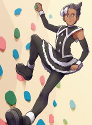Rule 34 | 1boy, black capelet, black dress, black footwear, black pantyhose, boots, bow, brown hair, capelet, climbing wall, closed mouth, commentary request, cosplay, creatures (company), crossdressing, dark-skinned male, dark skin, detached sleeves, dress, game freak, grant (pokemon), grey eyes, hair bow, kurochiroko, looking at viewer, male focus, marley (pokemon), marley (pokemon) (cosplay), nintendo, pantyhose, pokemon, pokemon dppt, pokemon xy, short hair, smile, solo, white bow