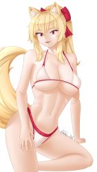 Rule 34 | 1girl, absurdres, animal ears, bikini, blonde hair, breasts, cat ears, cat girl, cleavage, fang, fluffy, highres, kneeling, large breasts, long hair, looking at viewer, ponytail, red eyes, ribbon, smile, solo, squeezing, swimsuit, tail, takie arts, thighs, tiffy (nottytiffy), white background