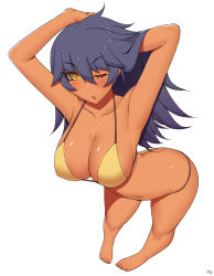 Rule 34 | &gt;;o, 1girl, arched back, arms up, ass, bikini, black hair, blush, breasts, butt crack, chinatsu (kuroonehalf), cleavage, dark skin, dark-skinned female, detached sleeves, downpants, from above, hand in own hair, kuroonehalf, large breasts, long hair, looking at viewer, one eye closed, open mouth, original, signature, simple background, solo, swimsuit, v-shaped eyebrows, white background, yellow bikini, yellow eyes