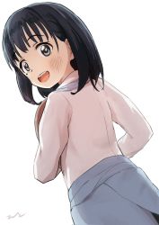 Rule 34 | 1girl, :d, aayh, black hair, blush, commentary request, dutch angle, eniwa shii, from behind, grey eyes, looking at viewer, looking back, open mouth, shirt, signature, simple background, smile, solo, super cub, teeth, upper teeth only, white background, white shirt